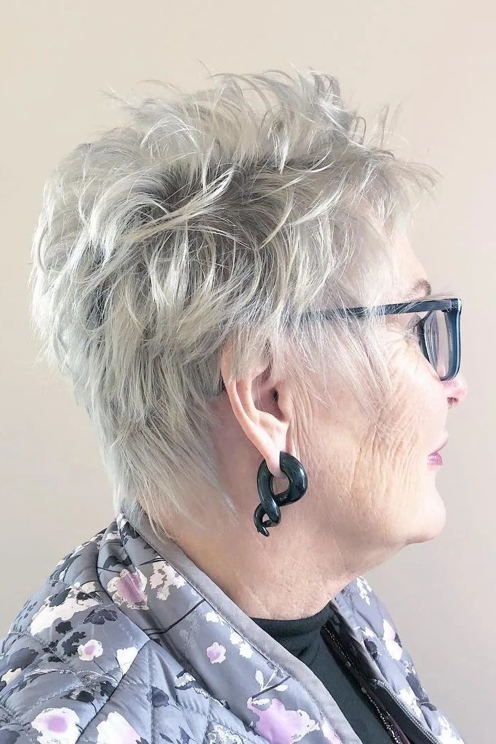 White pixie with glasses, side view - pixie haircut for women over 60