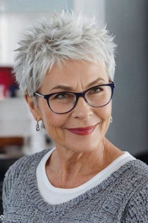 White spiky pixie with black glasses, front view - pixie haircut for women over 60