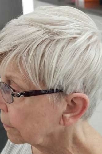 White pixie with dark glasses, side close-up - pixie haircut for women over 60