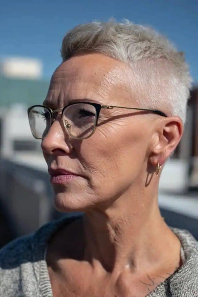 White buzz pixie with glasses, outdoor - pixie haircut for women over 60