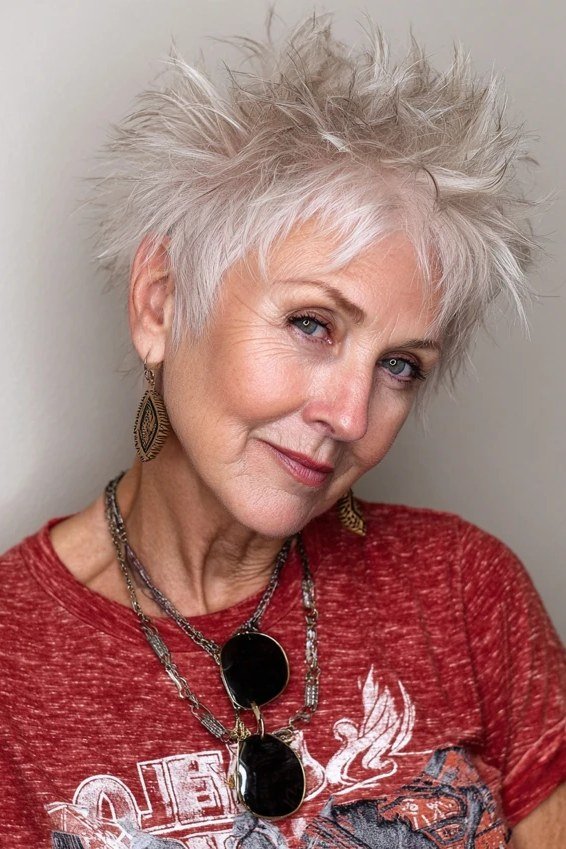 Spiky white pixie haircut for older women with piecey texture, front view