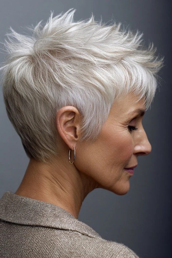 White tapered pixie haircut for women over 60, side profile view