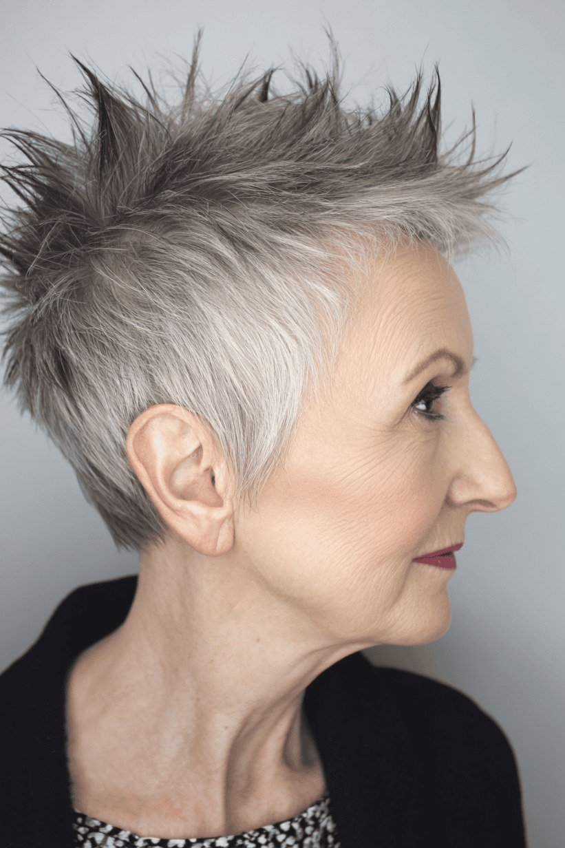 Silver spiky pixie haircut for older women with red lipstick, profile view
