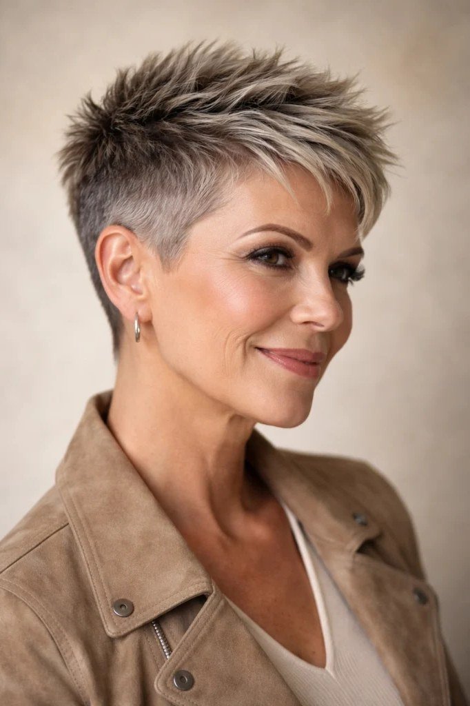 Blonde grey layered pixie haircut for women over 60, three quarter view
