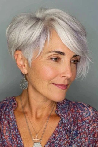 Silver pixie haircut with long side sweep for older women