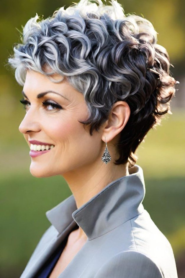 Curly grey pixie haircut for women over 60 outdoors, profile view