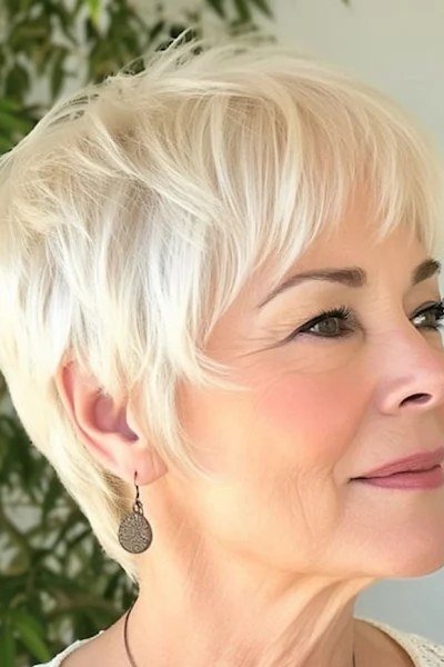White pixie haircut with soft bangs for older women