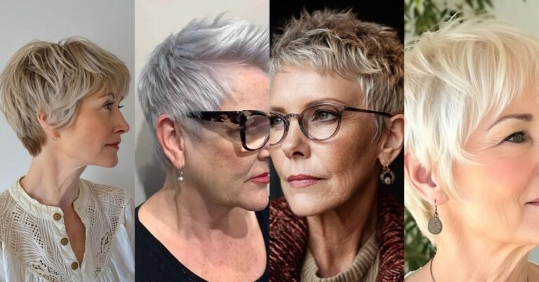 Collage of four pixie hairstyles for older women: blonde pixie bob, silver swept pixie with glasses, curly grey pixie, and white pixie with bangs