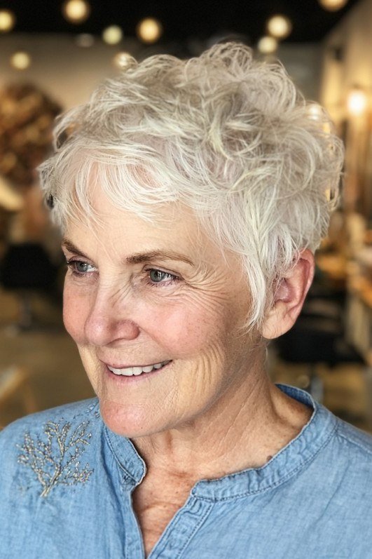 Curly white pixie haircut with soft volume on smiling woman over 60