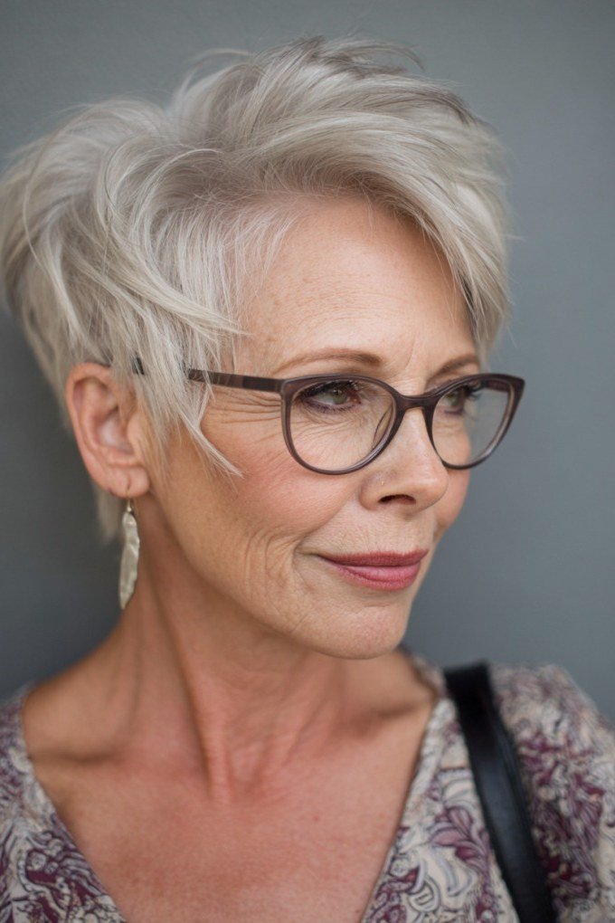 Textured white pixie haircut with side sweep and black glasses