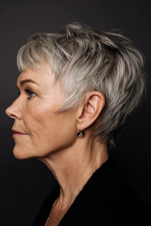 Salt and pepper spiky pixie haircut side view on senior woman