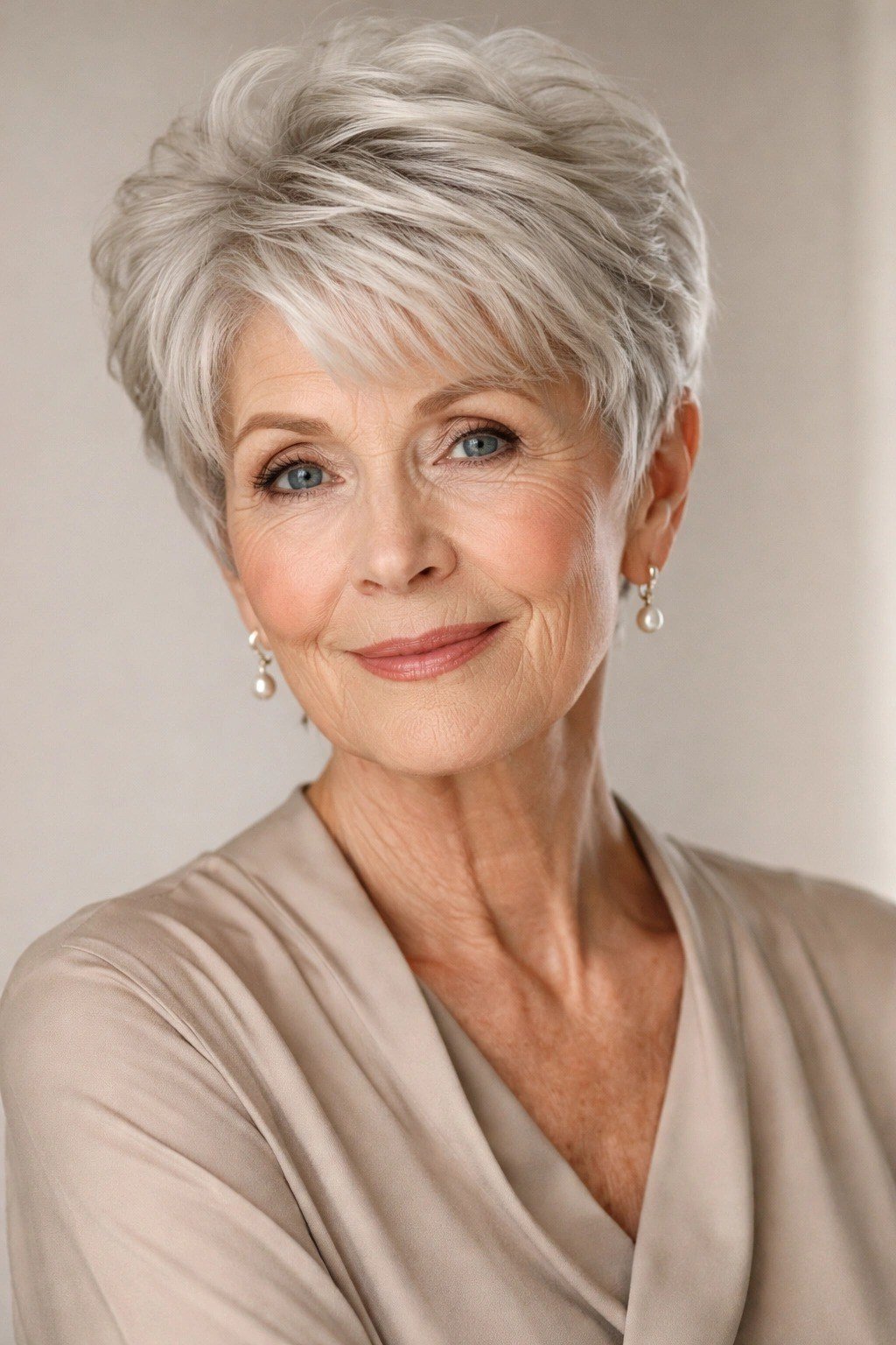 Voluminous layered gray pixie haircut for women over 60