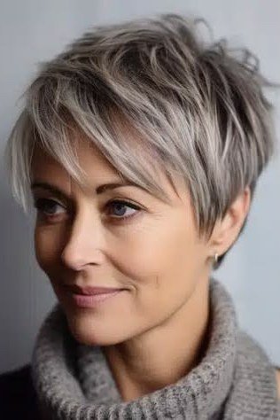 Silver layered pixie haircut with soft movement