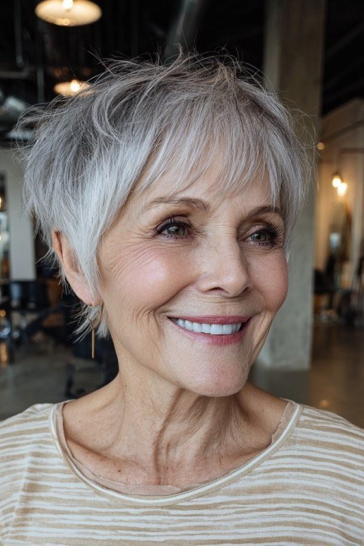 Classic layered gray pixie haircut on smiling older woman