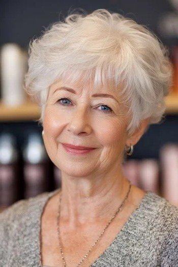 Voluminous white pixie haircut with lift for fine hair
