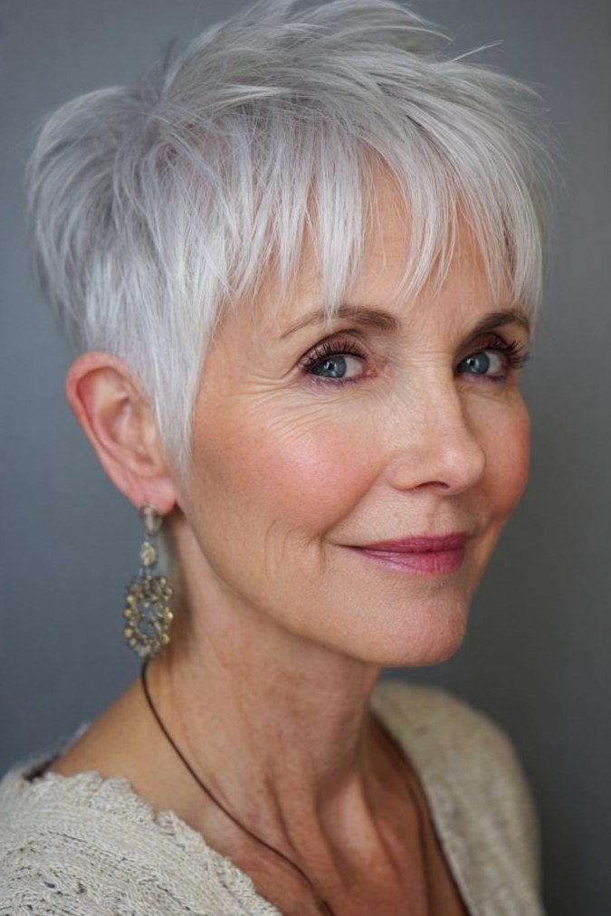 Tapered white pixie haircut with clean neckline