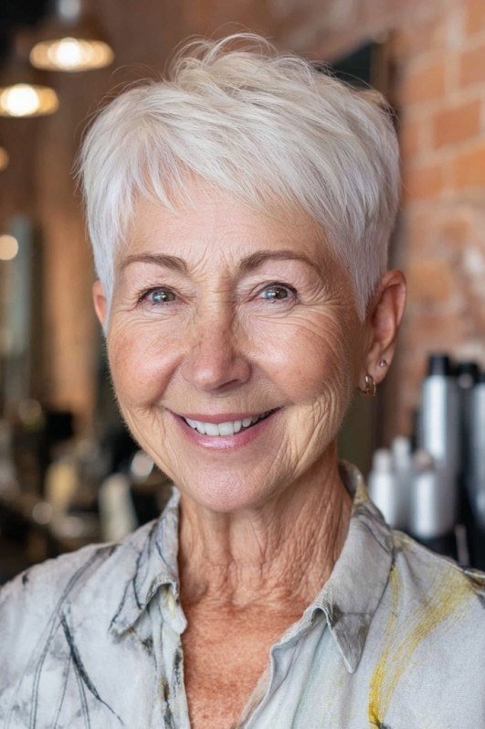 Short white pixie haircut with easy rounded shape