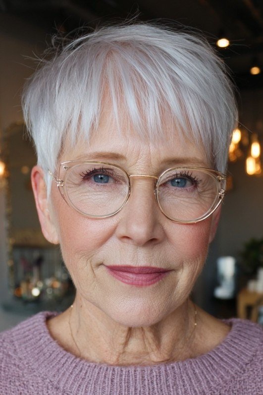 White pixie haircut with full bangs and gold glasses