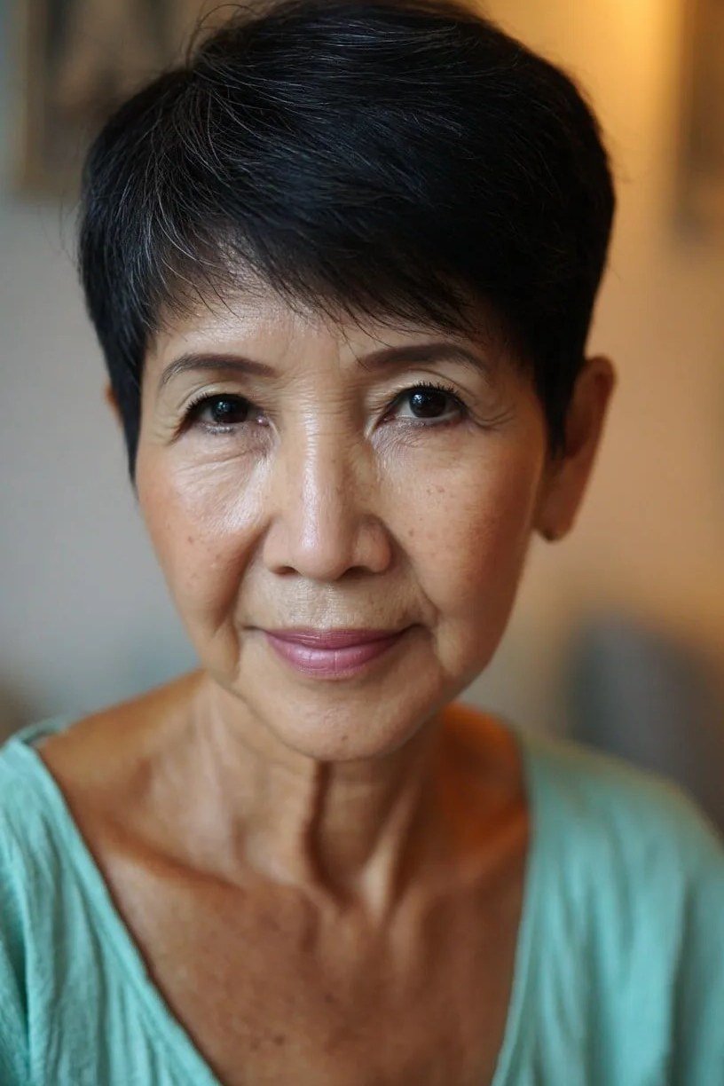 Glossy black pixie haircut on older woman