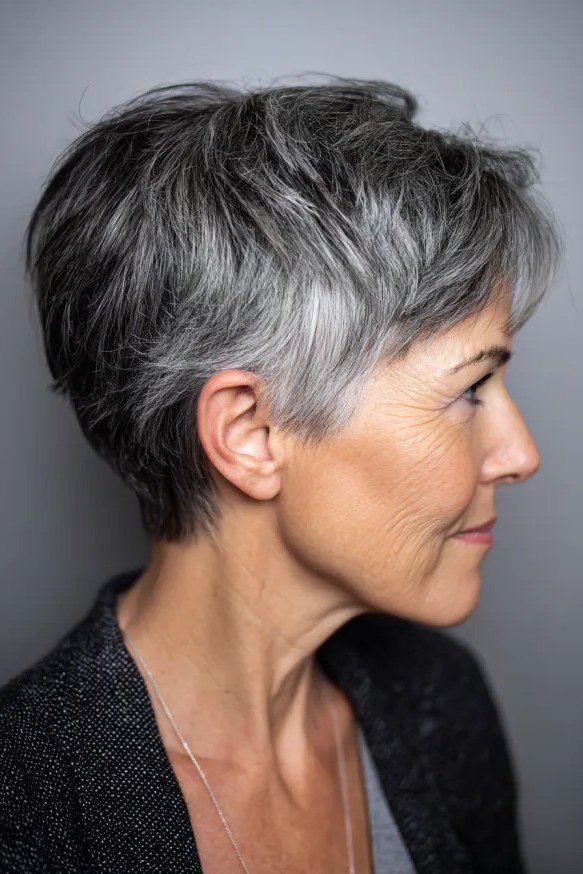 Sleek dark gray pixie haircut side profile