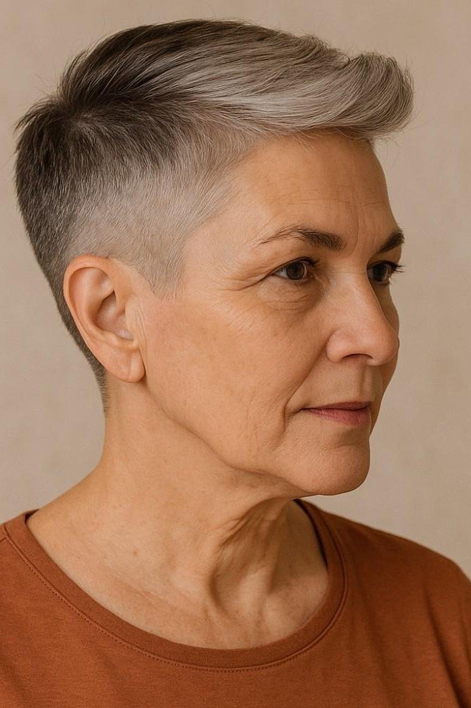 Undercut silver pixie haircut with edgy tapered sides