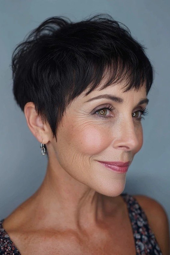 Black Pixie with Micro Bangs - pixie hairstyle for women over 40