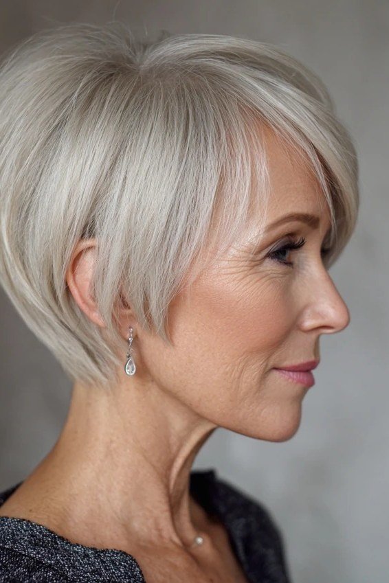 Sleek Silver-White Pixie - pixie hairstyle for women over 40