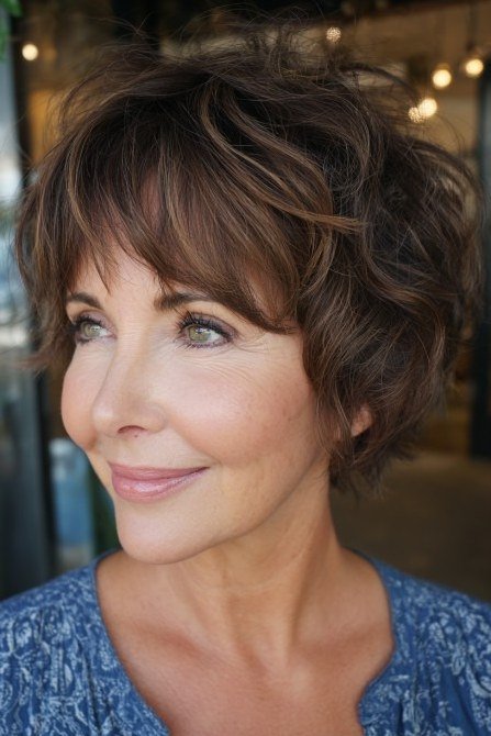 Tousled Brunette Pixie - pixie hairstyle for women over 40