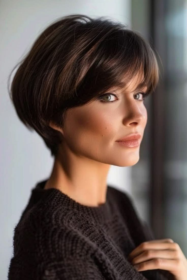 Dark Brunette Pixie with Full Bangs - pixie hairstyle for women over 40