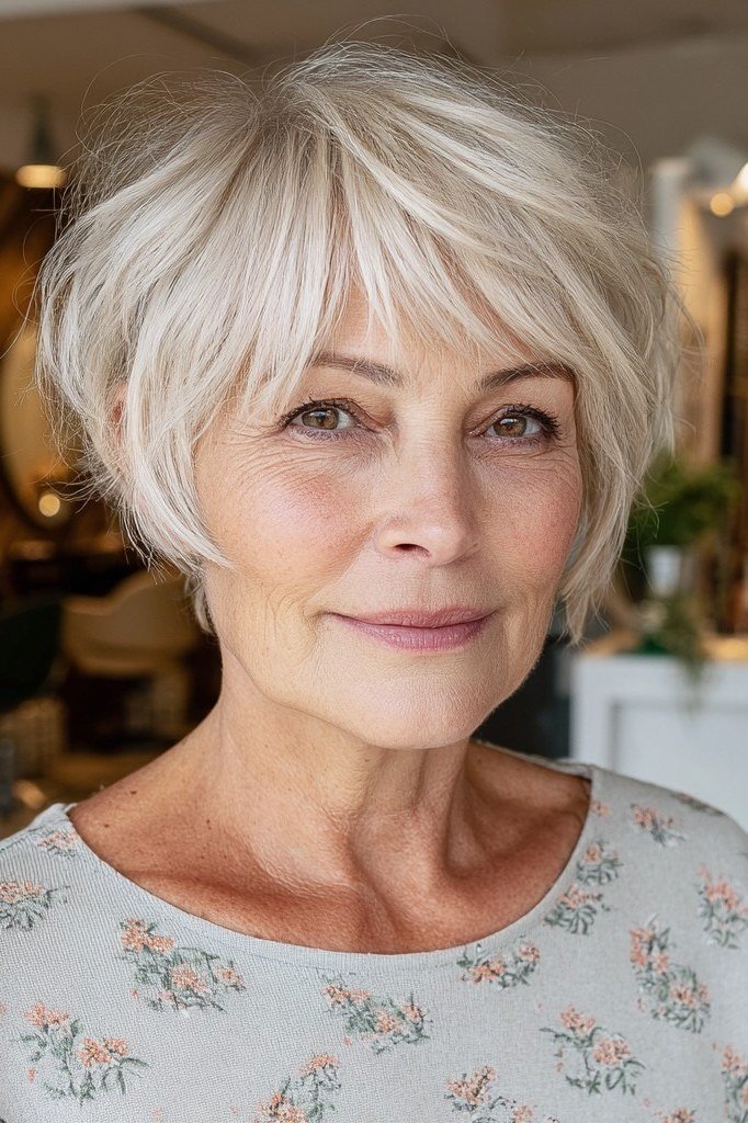 White Pixie with Wispy Bangs - pixie hairstyle for women over 40