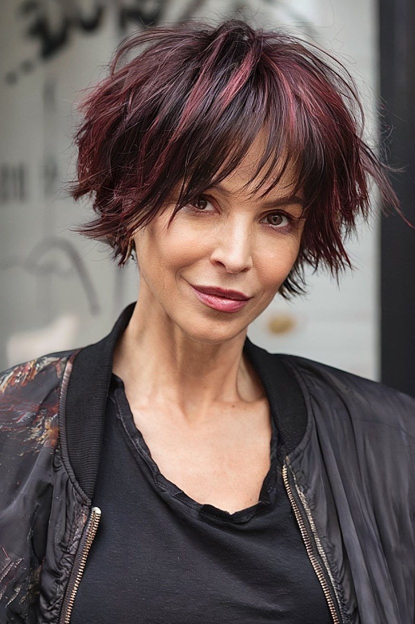 Burgundy Pixie Bob with Bangs - pixie hairstyle for women over 40