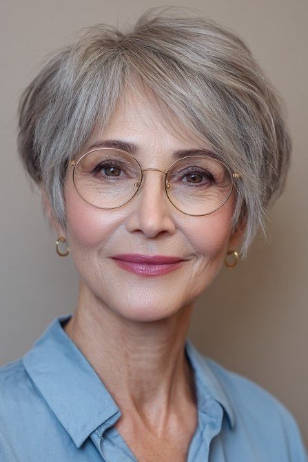Silver Pixie Styled with Glasses - pixie hairstyle for women over 40