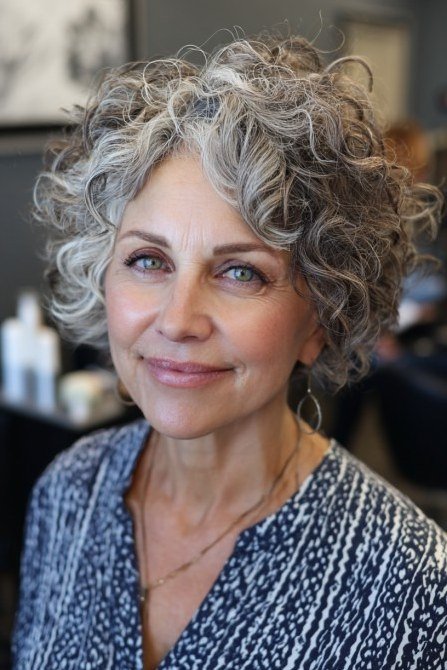 Curly Gray Pixie - pixie hairstyle for women over 40