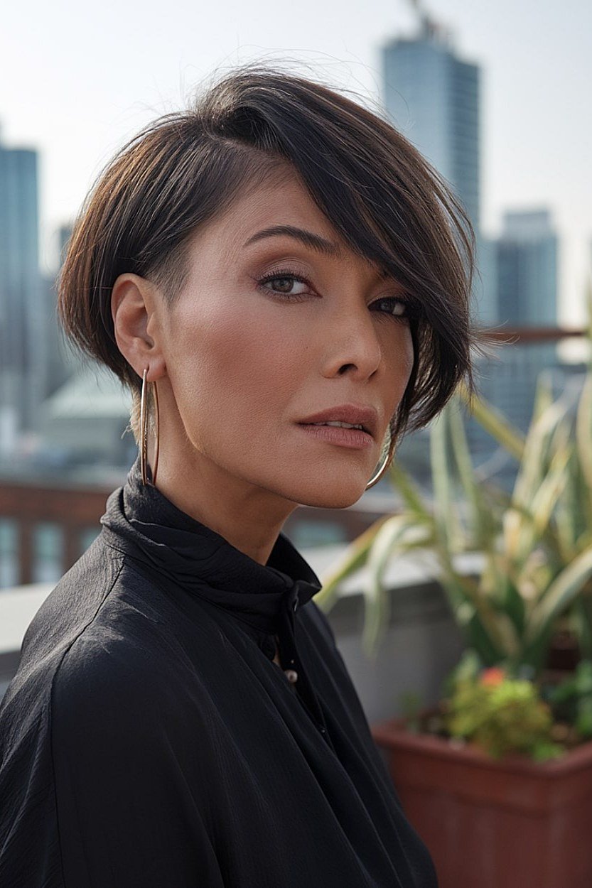 Dark Asymmetrical Pixie - pixie hairstyle for women over 40