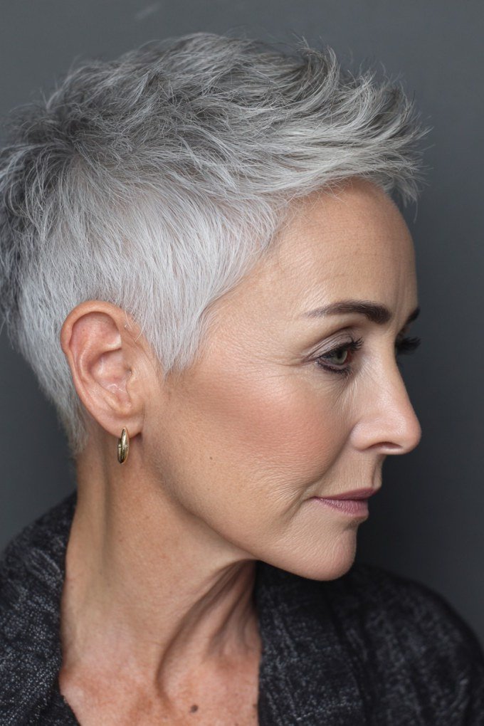 Silver Textured Pixie with Height - pixie hairstyle for women over 40
