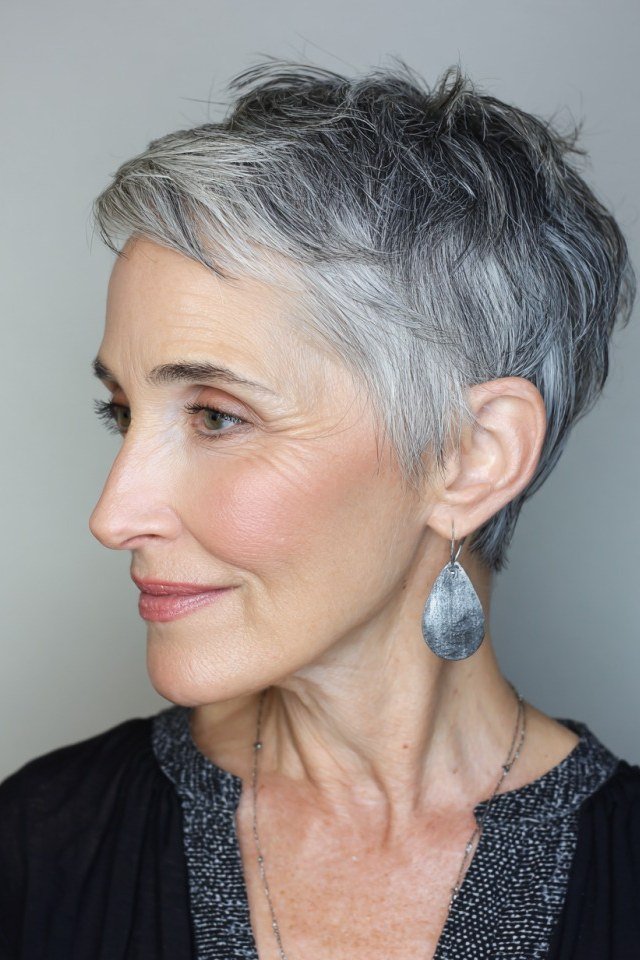 Gray Pixie with Dark Roots - pixie hairstyle for women over 40