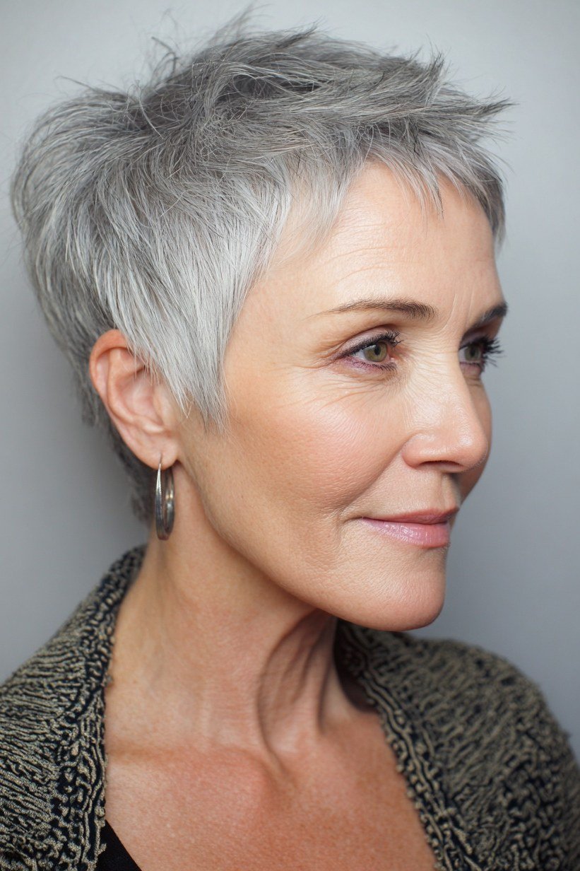Salt-and-Pepper Spiky Pixie - pixie hairstyle for women over 40