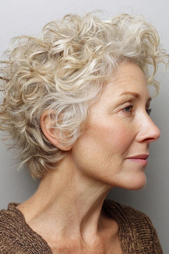 White Curly Pixie - pixie hairstyle for women over 40