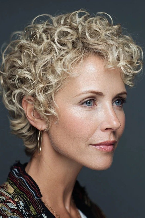 Blonde Curly Pixie - pixie hairstyle for women over 40