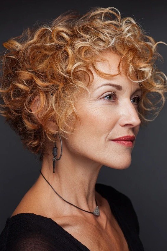 Copper Curly Pixie - pixie hairstyle for women over 40