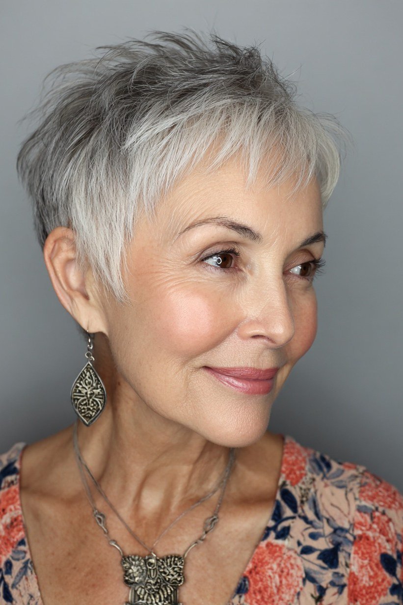 White Pixie with Soft Fringe - pixie hairstyle for women over 40
