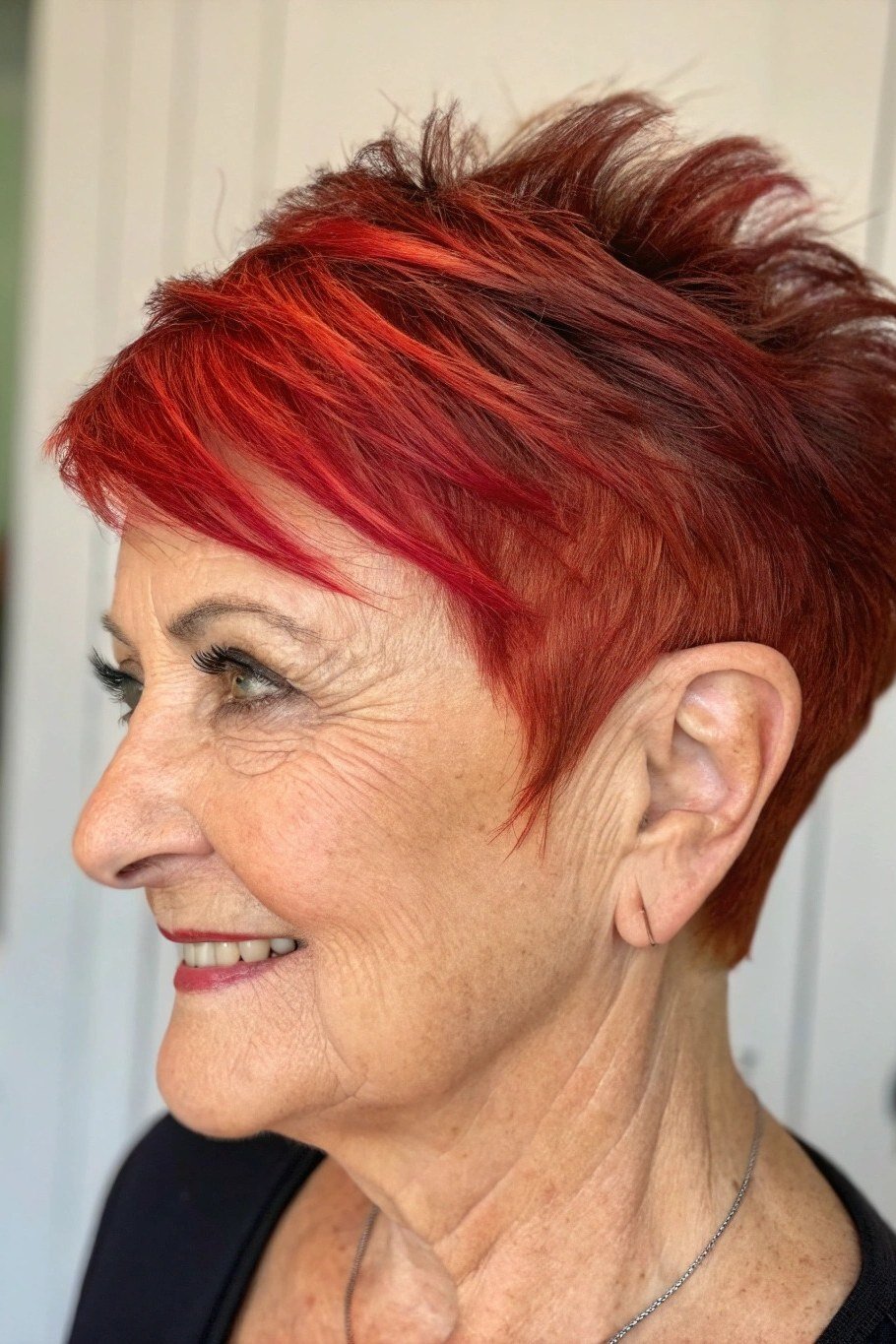 Vivid Red Pixie - pixie hairstyle for women over 40