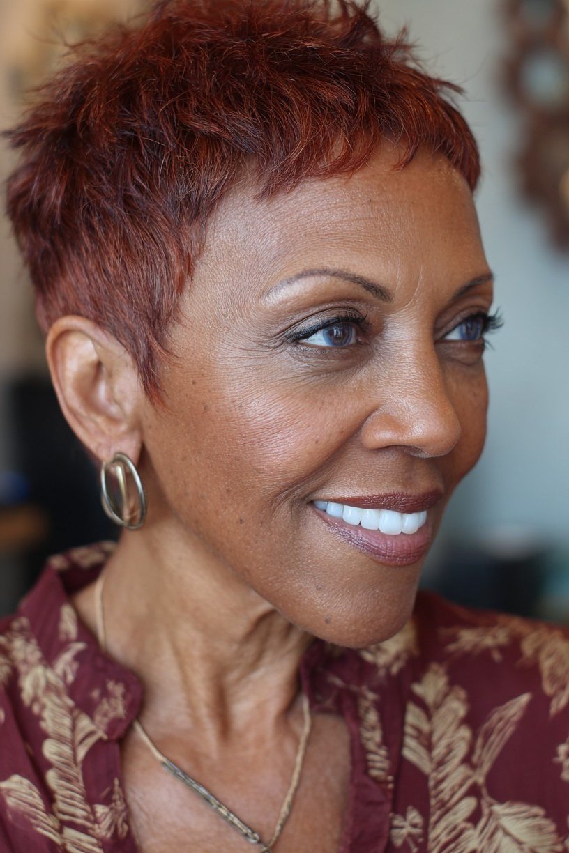 Fiery Red Textured Pixie - pixie hairstyle for women over 40