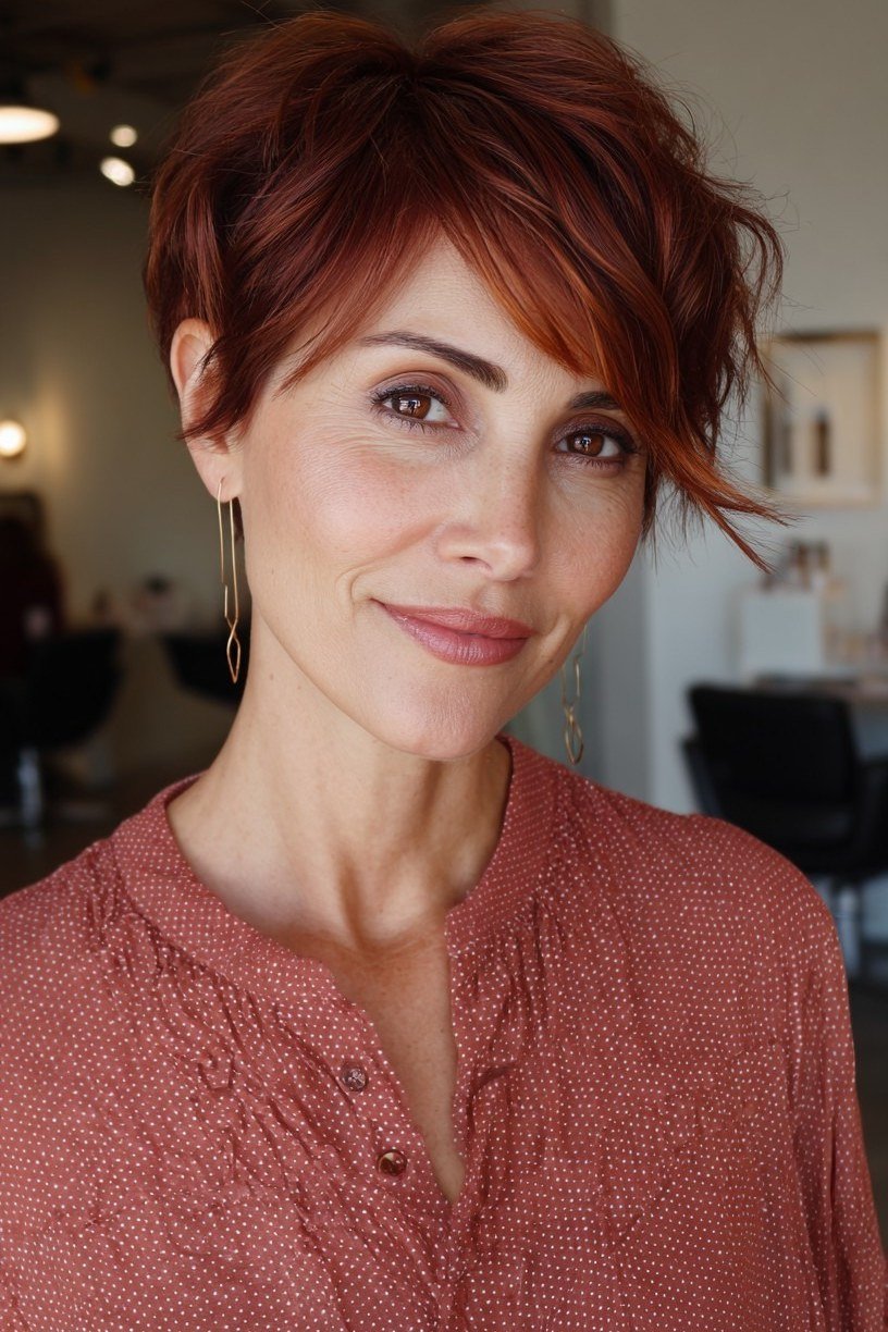 Soft Auburn Pixie - pixie hairstyle for women over 40