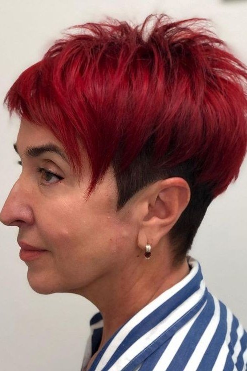 Bright Red Pixie with Short Sides - pixie hairstyle for women over 40