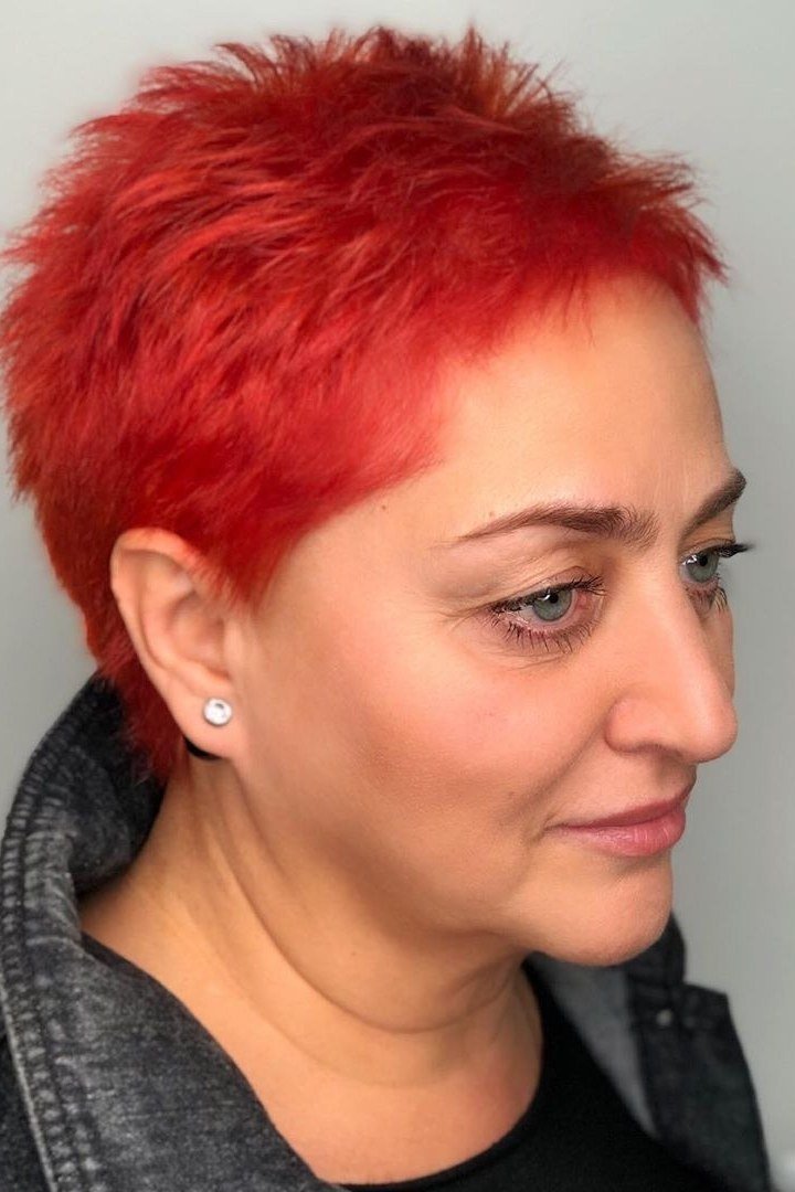 Bright Red Spiky Pixie - pixie hairstyle for women over 40