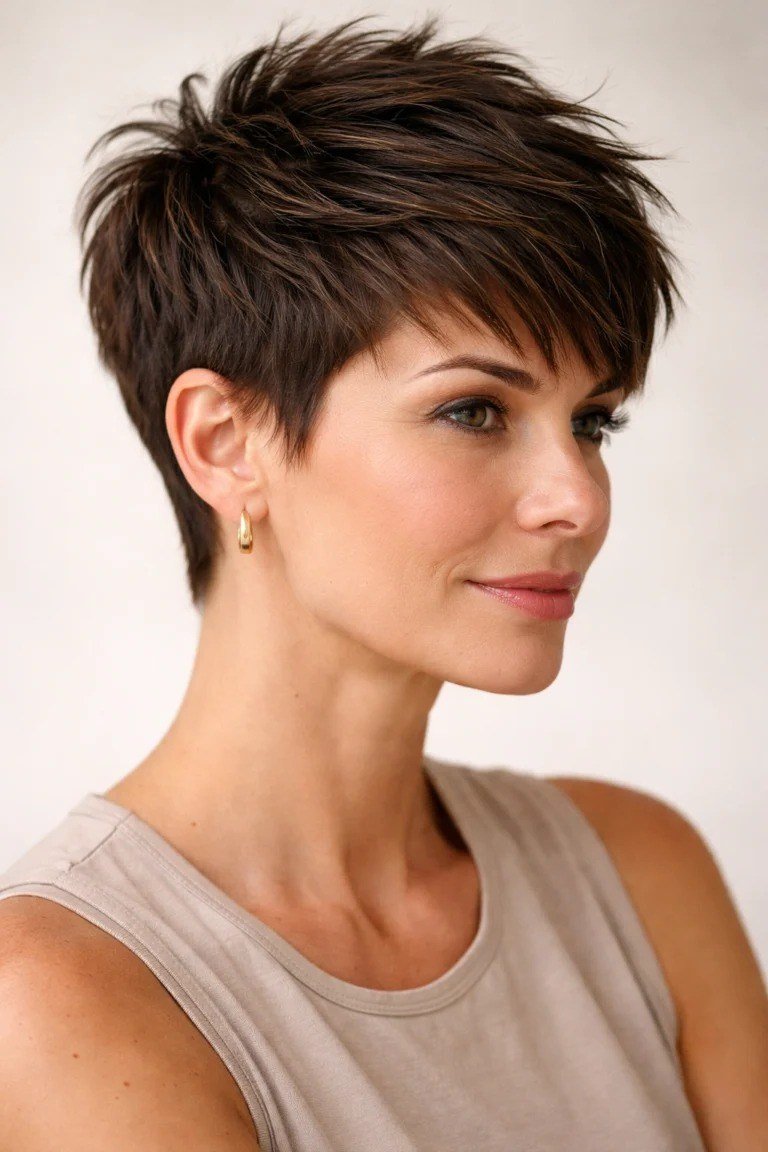 Brunette Pixie with Textured Bangs - pixie hairstyle for women over 40