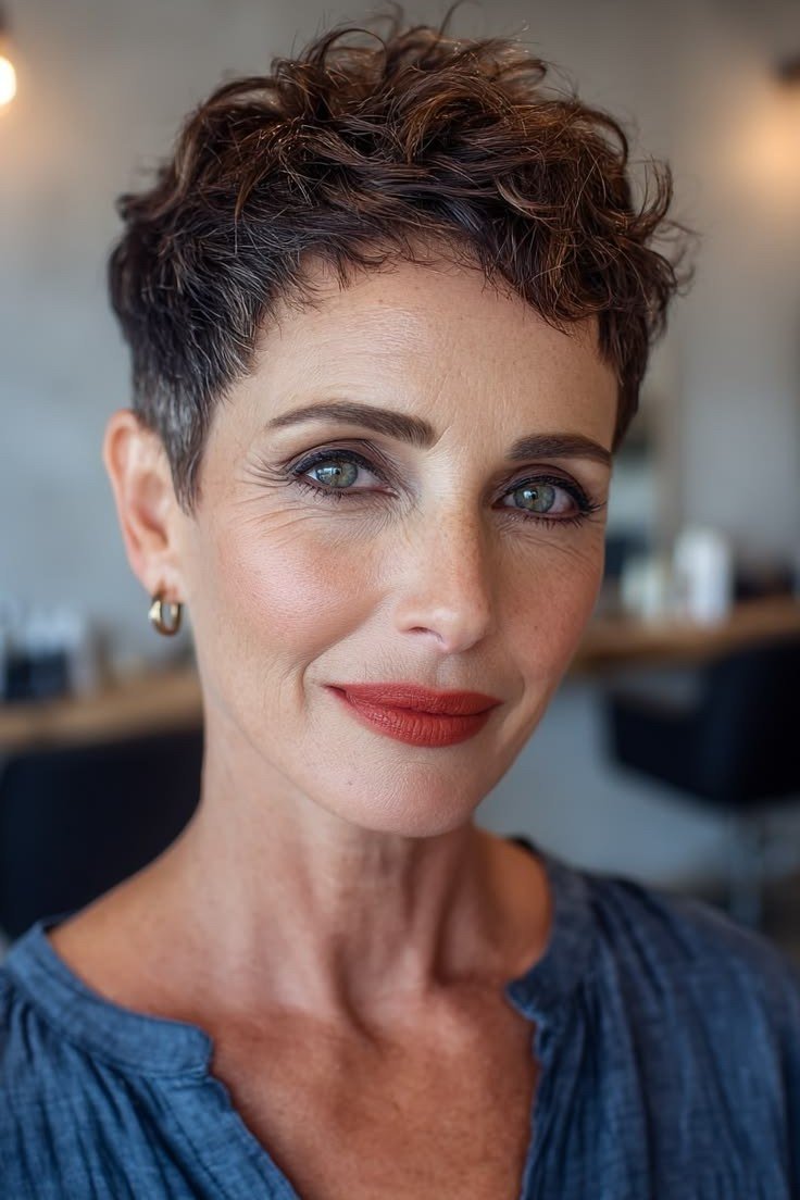 Curly Brunette Pixie - pixie hairstyle for women over 40