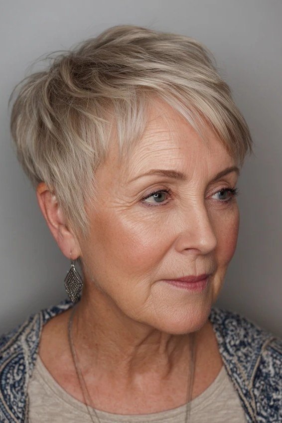 Ash blonde pixie haircut with side swept bangs for women over 60
