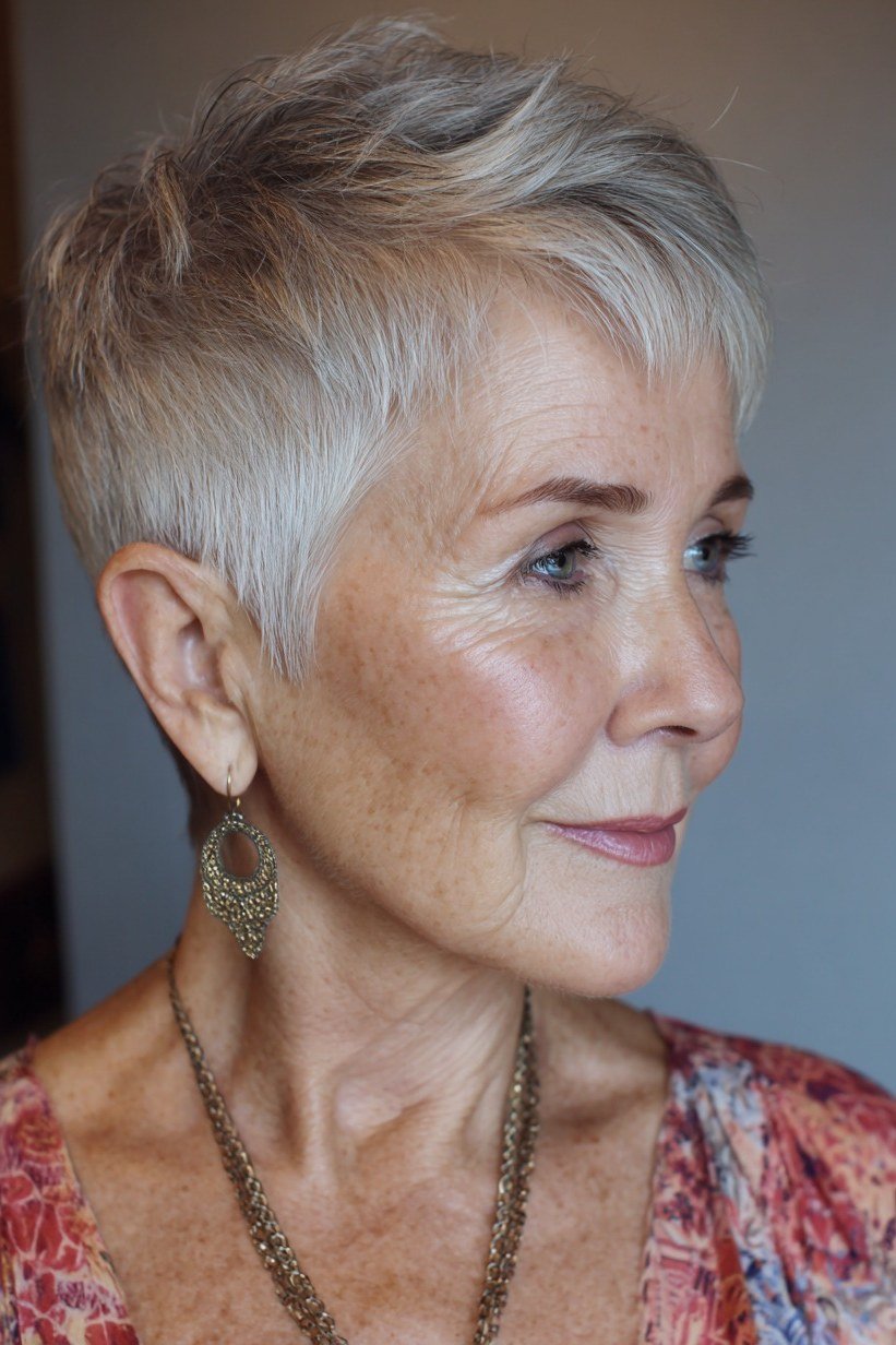 Silver pixie haircut with side part and swept bangs for women over 60